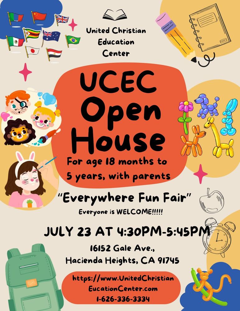 Advertisement for United Christian Education Center featuring children, program highlights, and contact information.