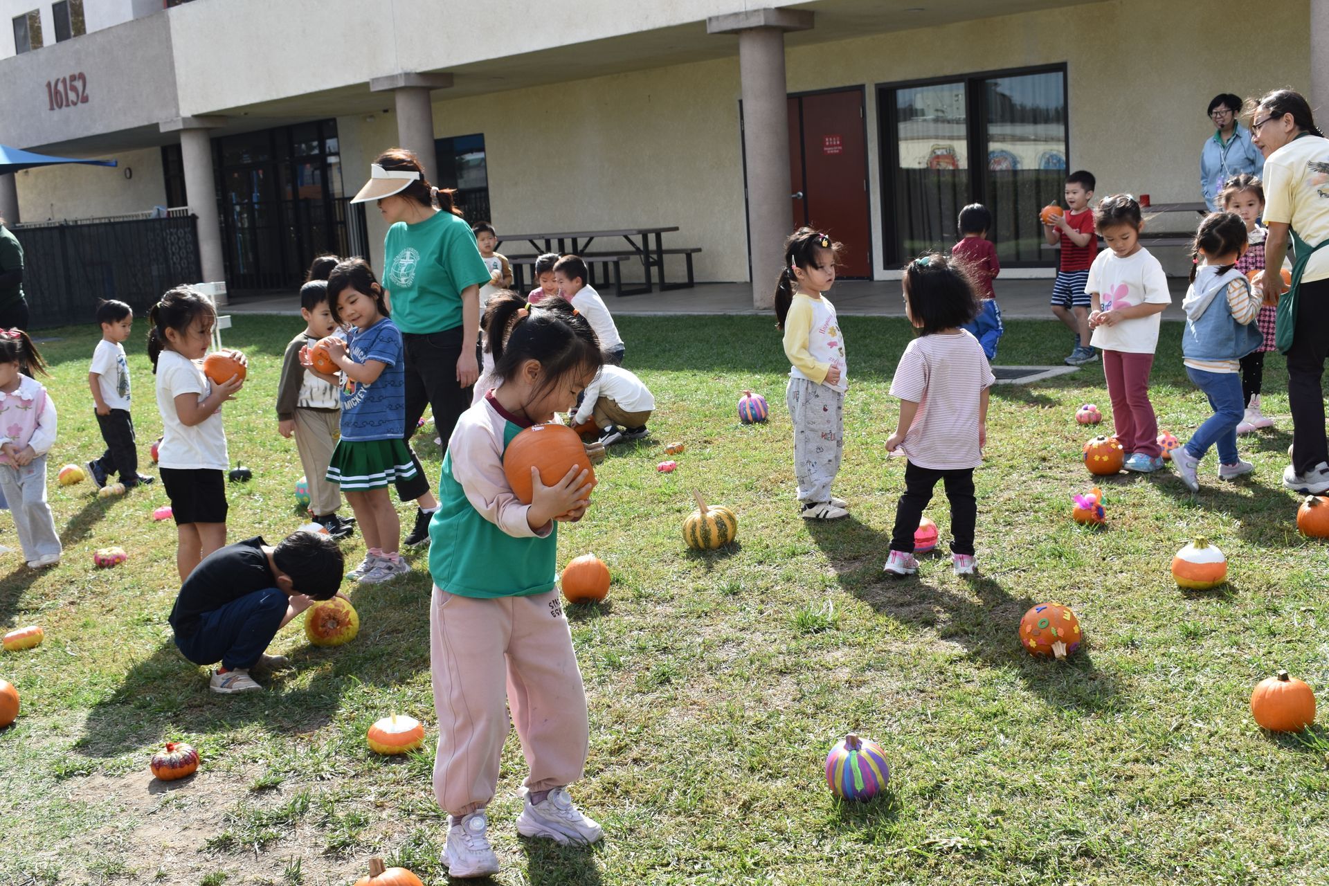 Children on a lawn with pumpkins; some holding them, others playing; adults supervising.