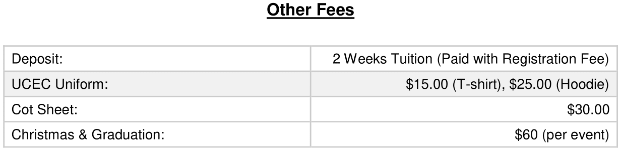 Table of other school fees, including uniforms, cut sheet, and Christmas/graduation.