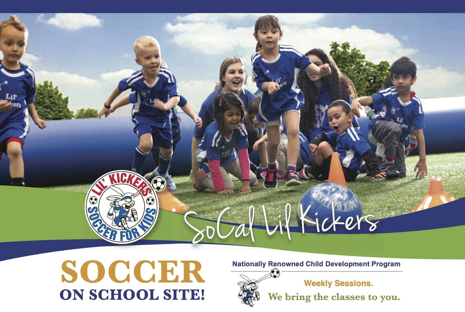 Children in soccer uniforms on a field, advertising SoCal Lil' Kickers soccer program.