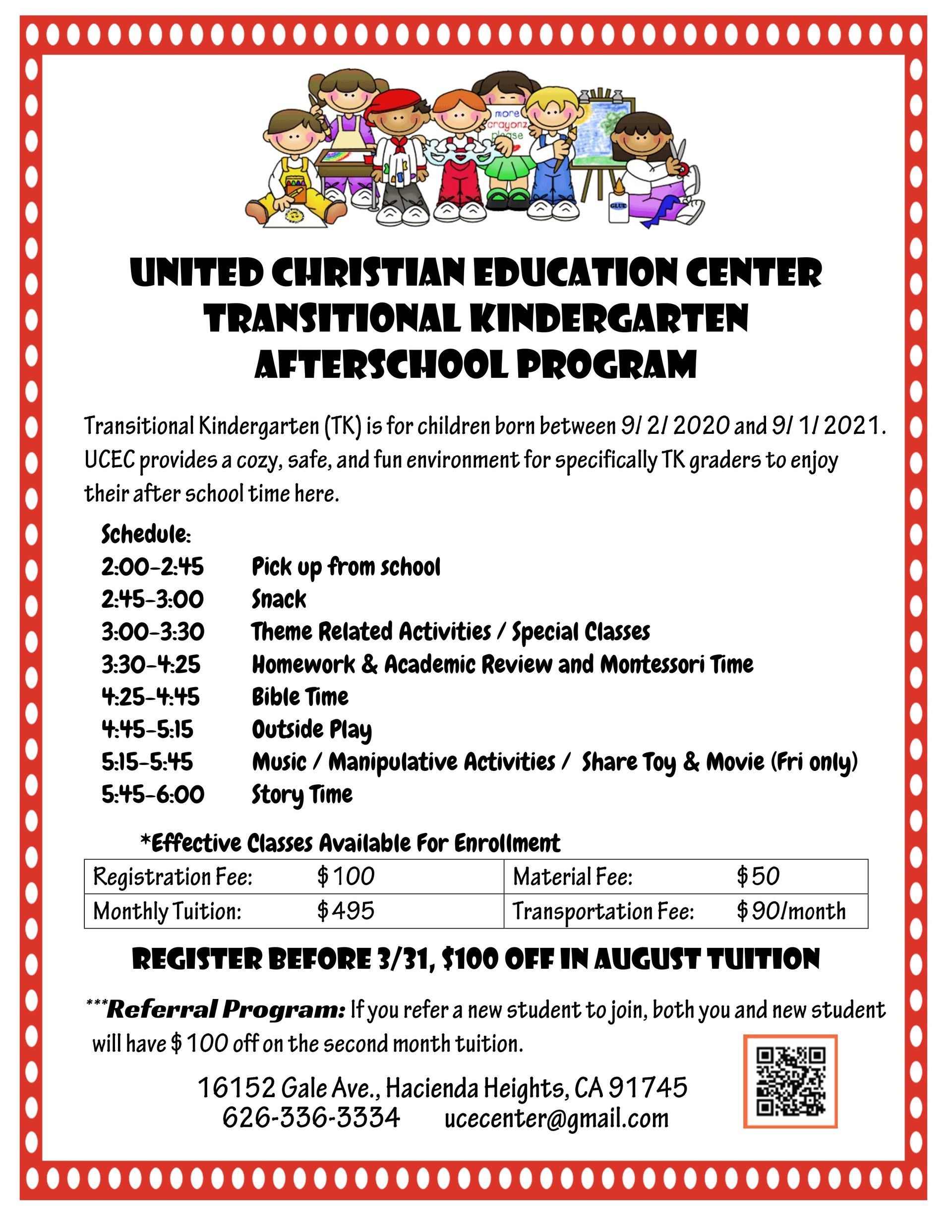 Flyer for United Christian Education Center's afterschool program. Includes schedule, fees, and contact info.