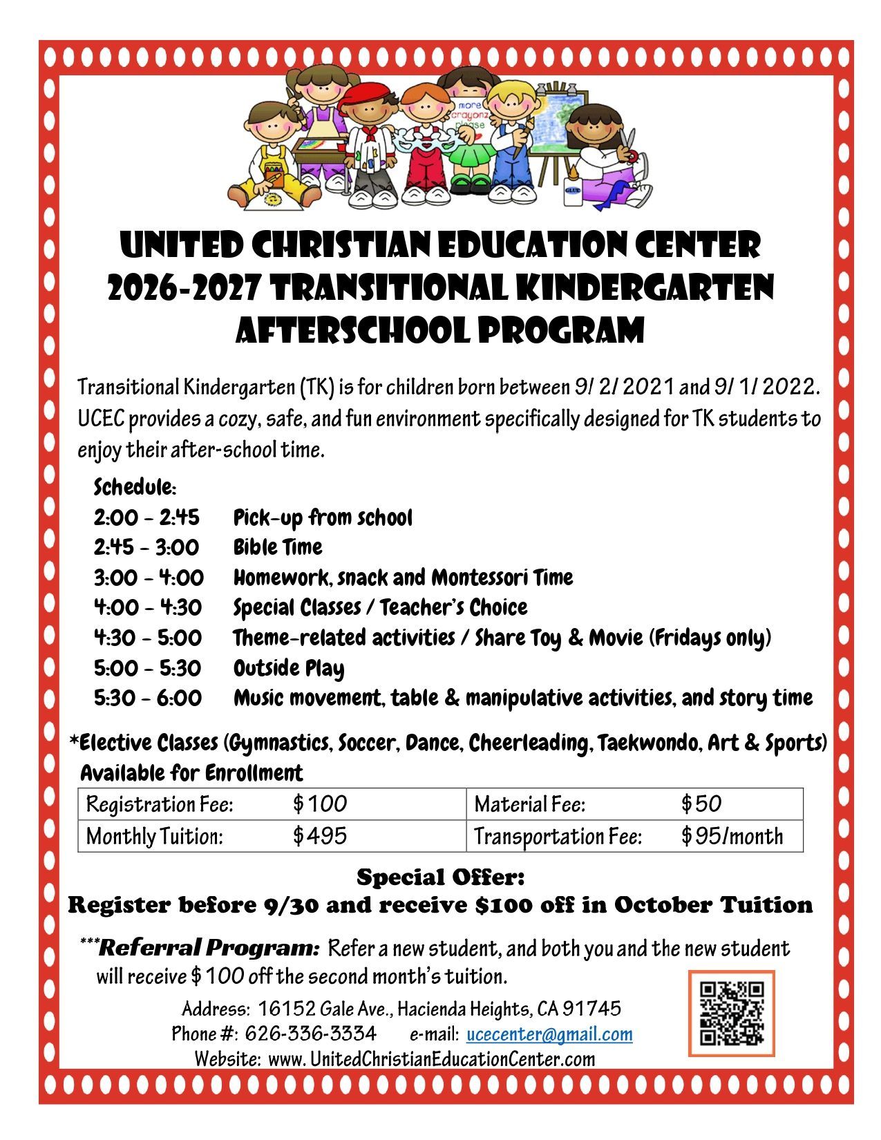 Flyer for United Christian Education Center's afterschool program. Includes schedule, fees, and contact info.