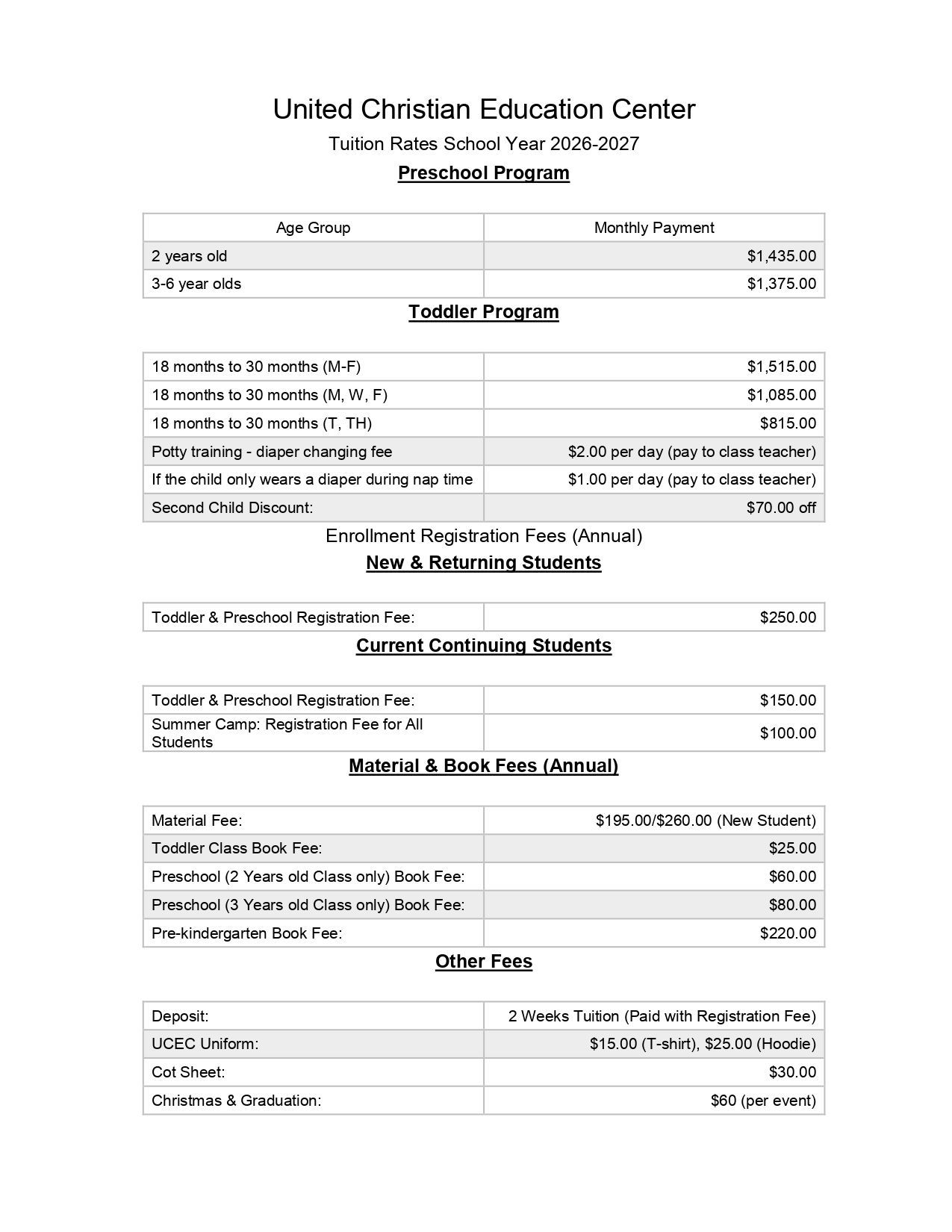 Financial report from United Christian Education Center showing income, expenses, and a balance sheet.