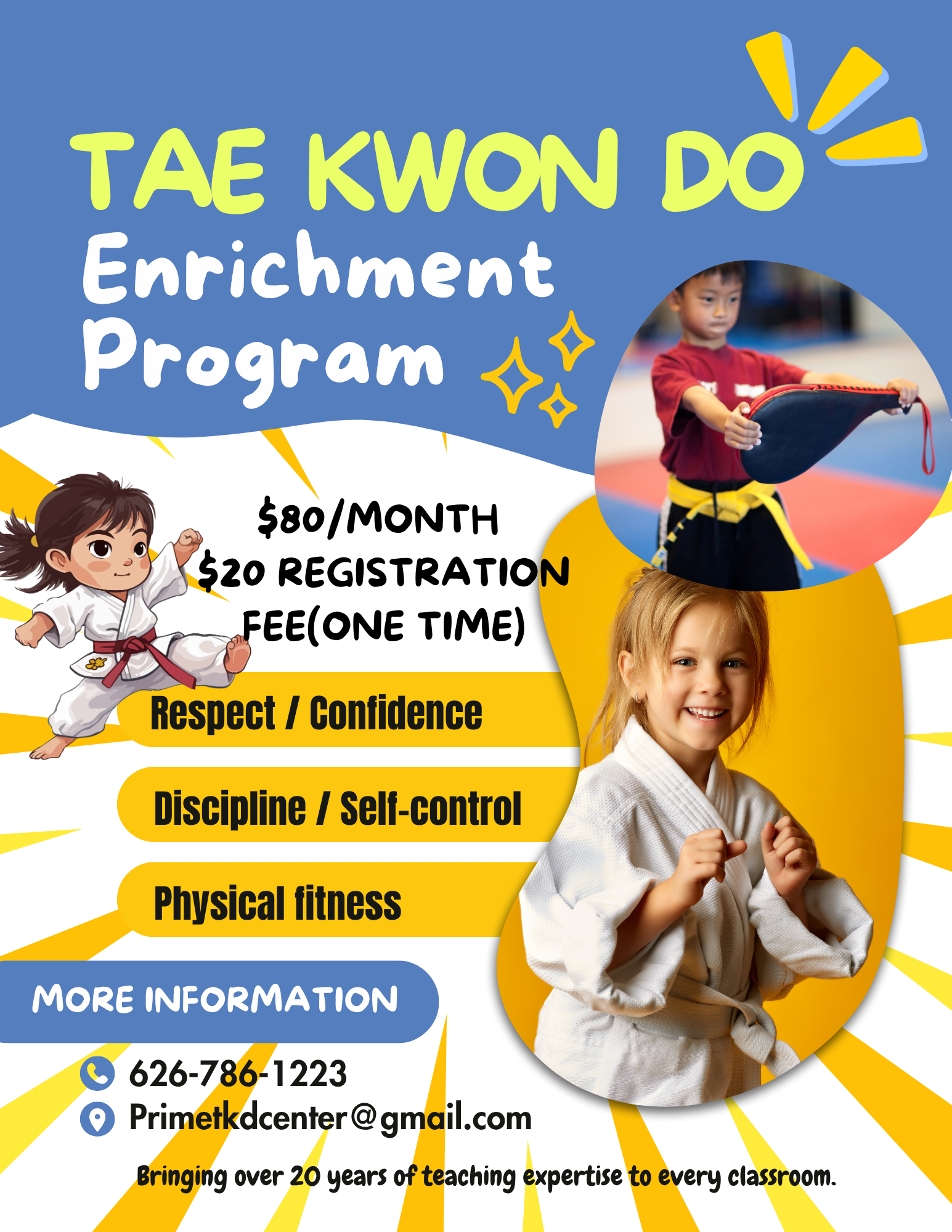 Advertisement for a Tae Kwon Do enrichment program with children, pricing, contact info, and benefits listed.