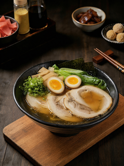 Bowl of ramen with sliced pork, soft-boiled egg, and greens on a wooden tray in a dim restaurant setting