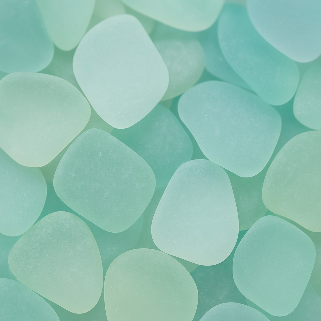 Smooth, frosted sea glass in shades of blue and green, scattered close-up.