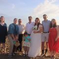 A group of people standing on a beach with a sign that says mandy