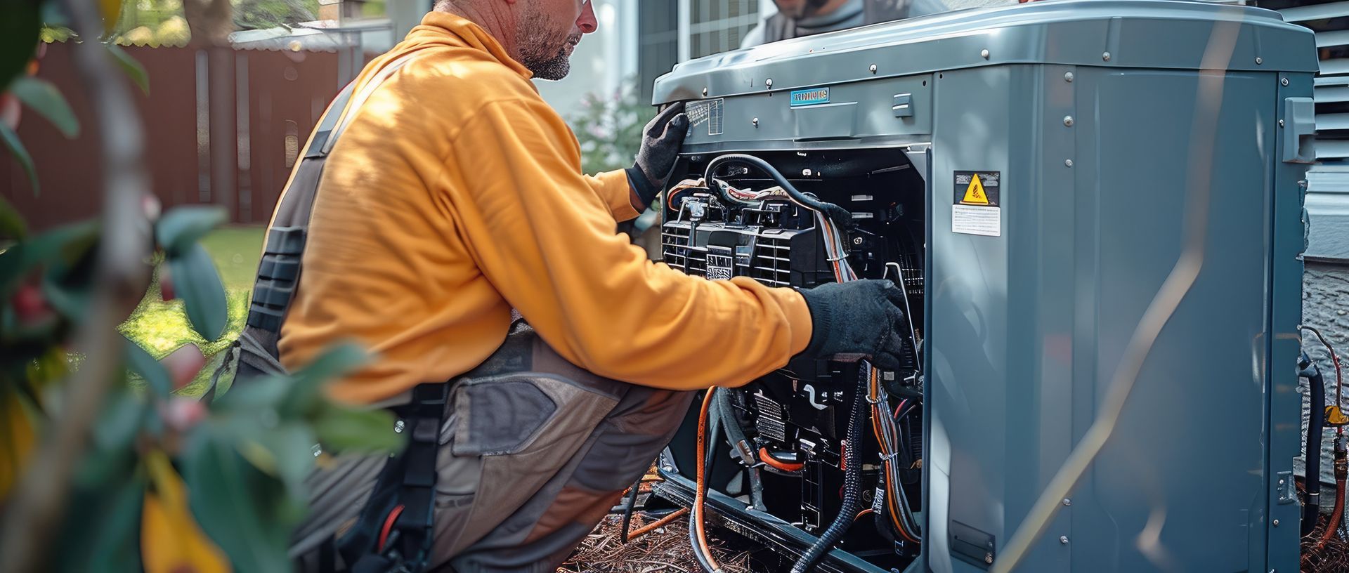 A man is working on an air conditioner outside of a house.
