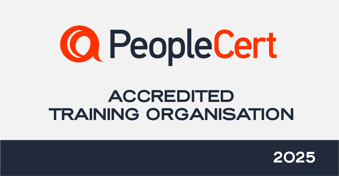 PeopleCert Accredited Training Organisation logo. Orange and white logo with dark blue bar and