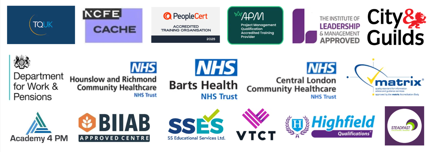 Logos of various organizations, including City & Guilds, NHS, and Highfield.