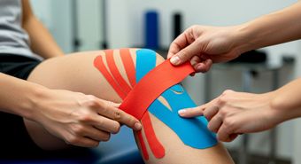 Physio applying knee sports strapping