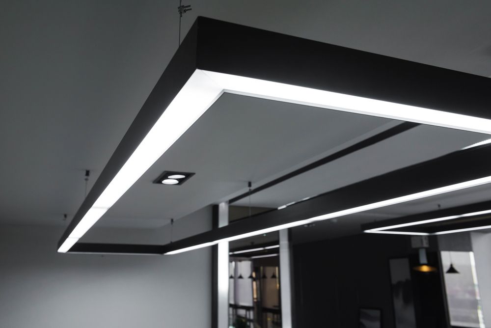 Modern Ceiling With Black Trim and Bright White Led Lights — Grant Murphy Electrical in Pottsville, NSW
