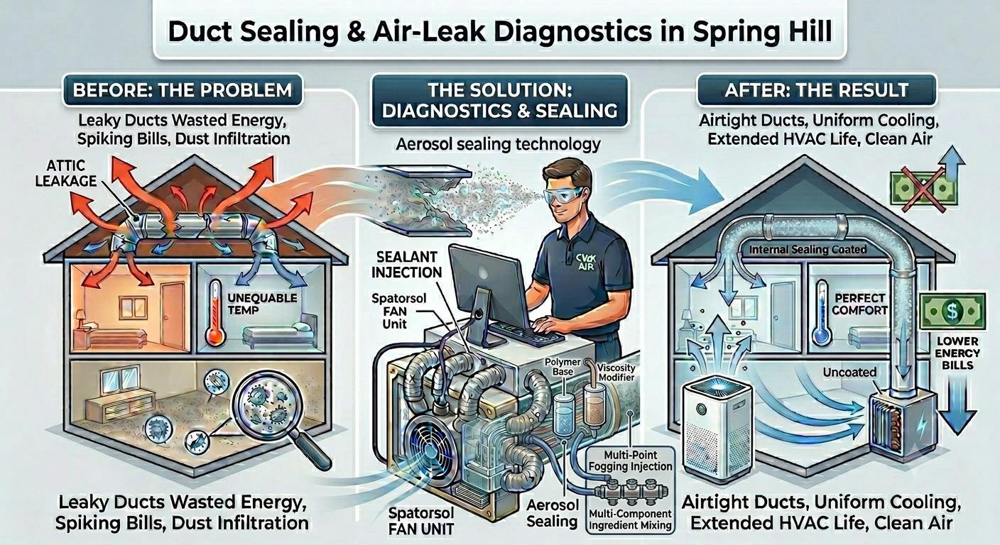 Infographic showing the before, during, and after process of aerosol HVAC duct sealing.