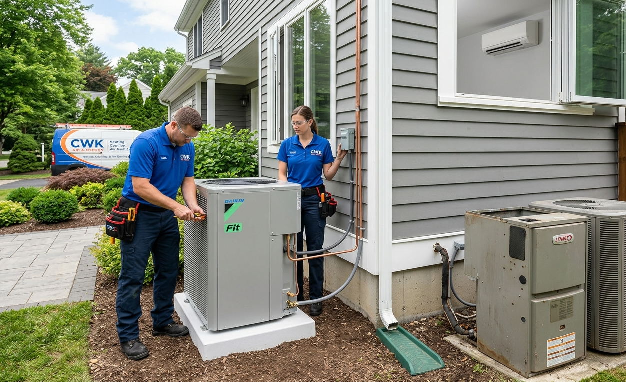 Professional HVAC technicians installing an eco-friendly heat pump system outside a home.