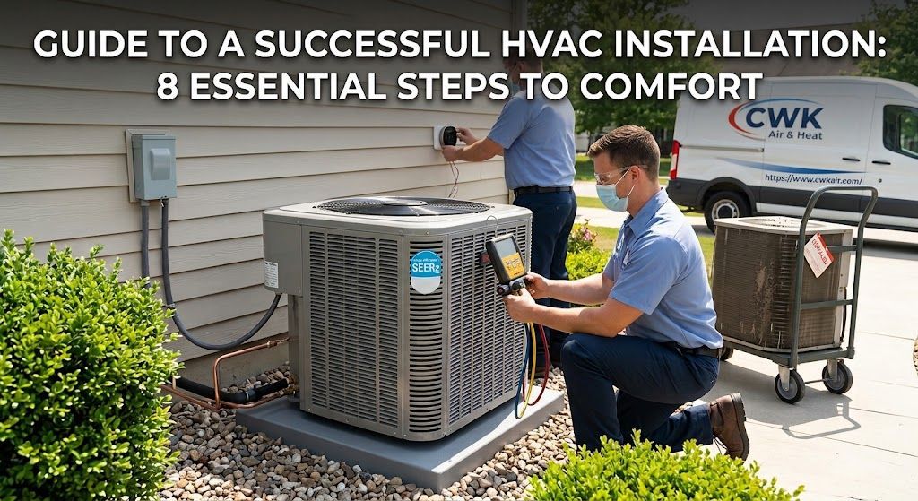 Professional technician performing a modern HVAC installation next to an outdoor air unit.