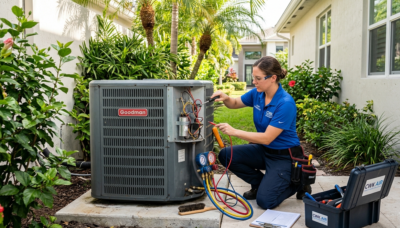 Technician kneels beside outdoor HVAC unit, checking wiring with tools in a sunny yard.