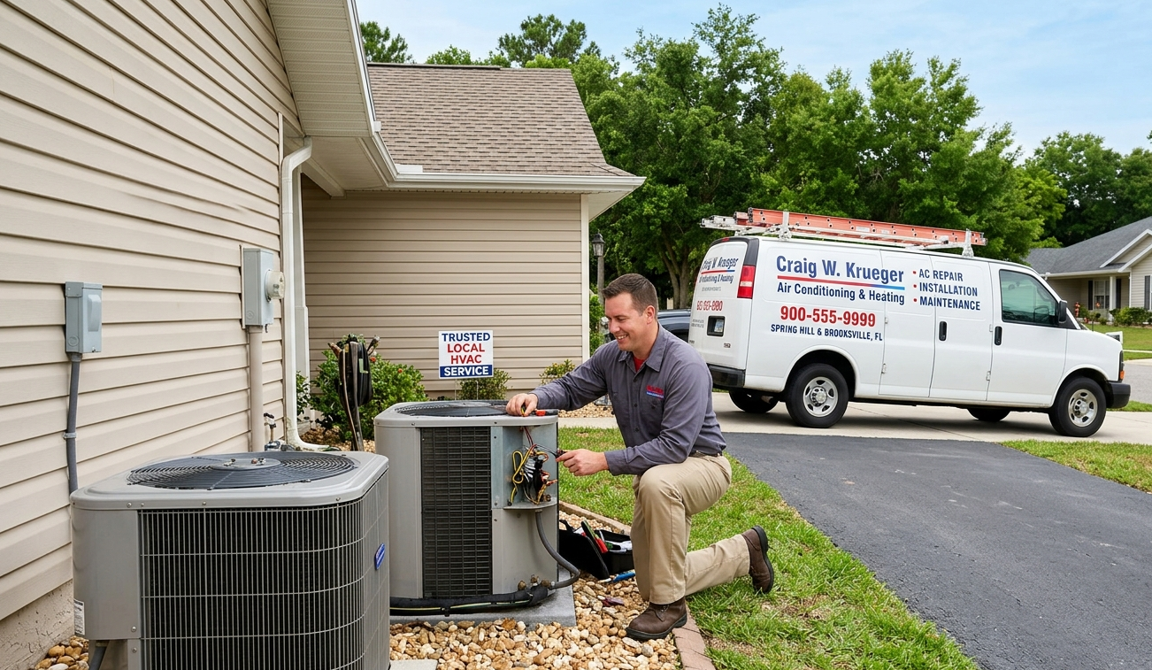 HVAC technician performing AC repair in Spring Hill and Brooksville, FL for Craig W. Krueger Air Conditioning & Heating.