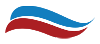 Blue and red wavy lines logo.