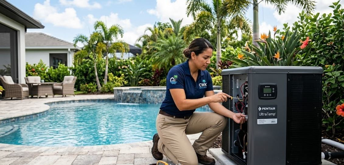 Professional technician performing pool heater repair and maintenance next to a luxury swimming pool in Port St. Lucie.