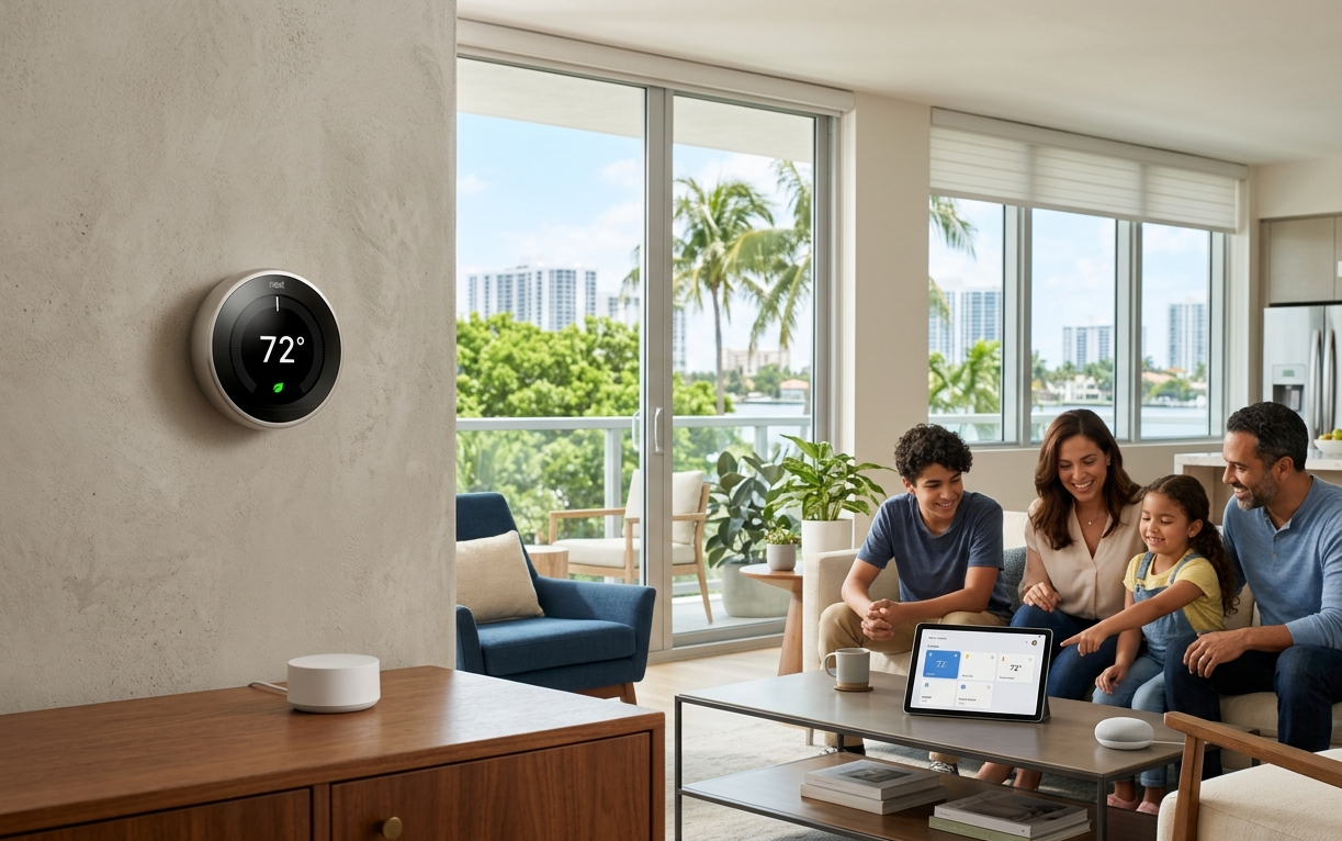 A family uses a tablet to adjust a smart thermostat connected to their home automation hub.