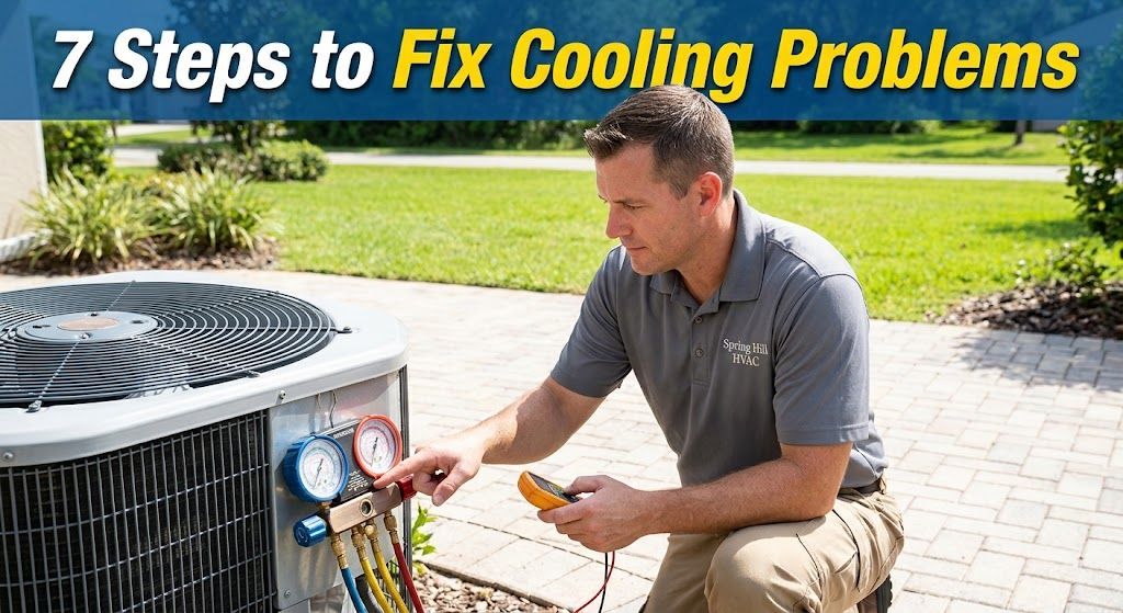 HVAC technician inspecting outdoor unit for Spring Hill AC repair