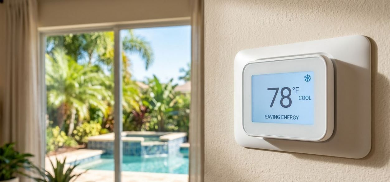 A modern smart thermostat on a Florida home wall displays 78°F and 