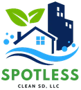 Spotless Clean SD, LLC logo with house, leaves, waves, and blue building icon