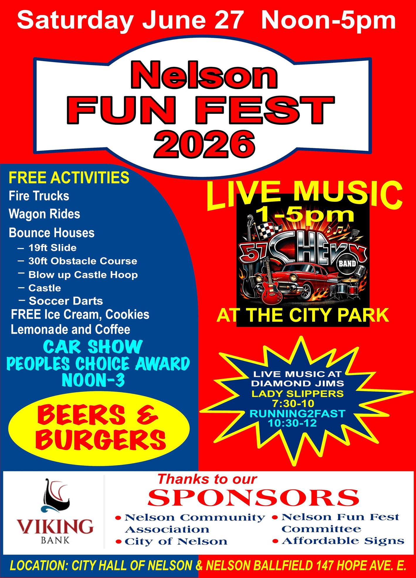 Nelson Fun Fest 2026 poster for Saturday June 27 at City Park, with live music, food, and games