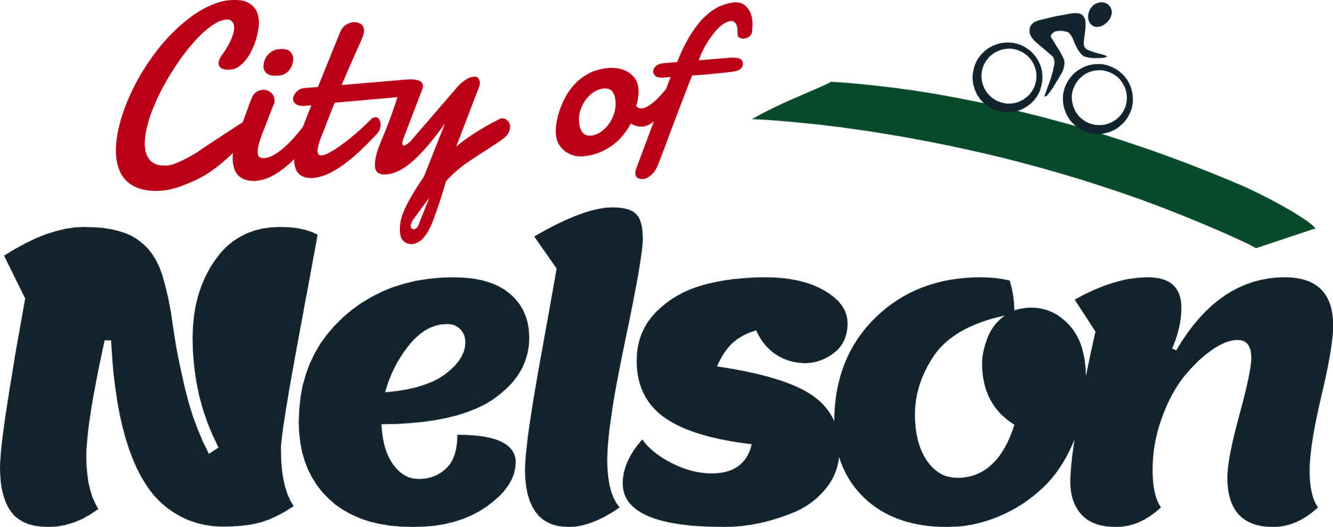 Logo for the City of Nelson featuring red text, dark blue text, and a dark green graphic of a cyclist on a hill.