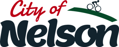 Logo for the City of Nelson featuring red text, dark blue text, and a dark green graphic of a cyclist on a hill.
