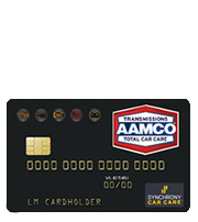 Black AAMCO credit card with gold chip, black background, and Financing Available text