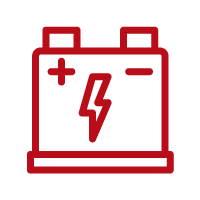 Red outline icon of a battery with plus and minus symbols and a lightning bolt, indicating power or charging.