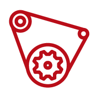 Red line icon of a mechanical belt pulley with gears inside a triangular frame