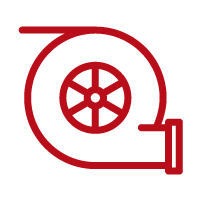 Red line icon of a turbine blower or fan housing with a curved outlet pipe