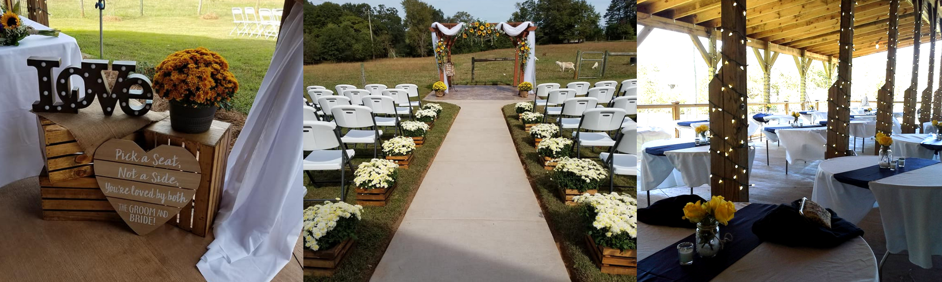 Wedding ceremony setup with white chairs, aisle runner, floral decor, and a reception tent by the water