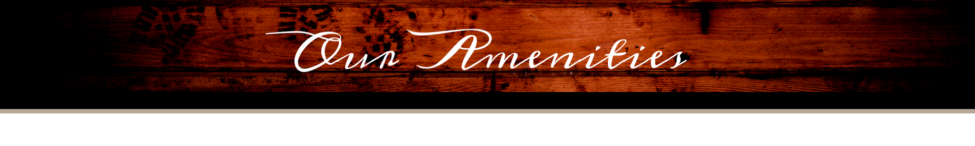 Wood-textured banner with cursive “Our Amenities” text in white and red accents