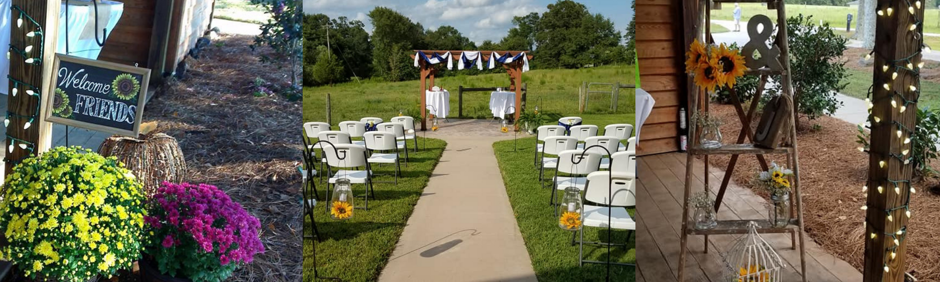 Outdoor wedding setup with white chairs, aisle, floral arch, and fall decorations in a garden setting