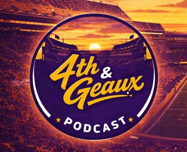 4th & Geaux Podcast logo over a purple-gold stadium sunset background