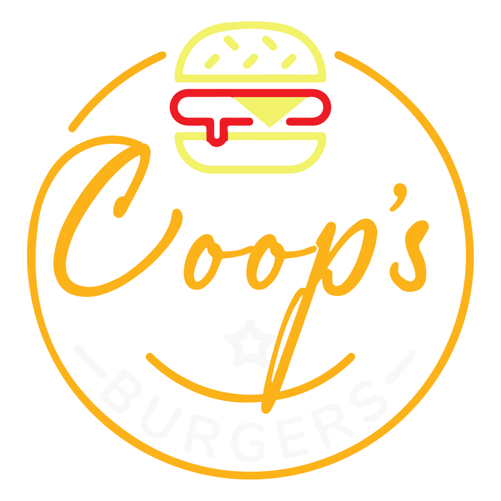 A logo for coop 's burgers with a hamburger in the center