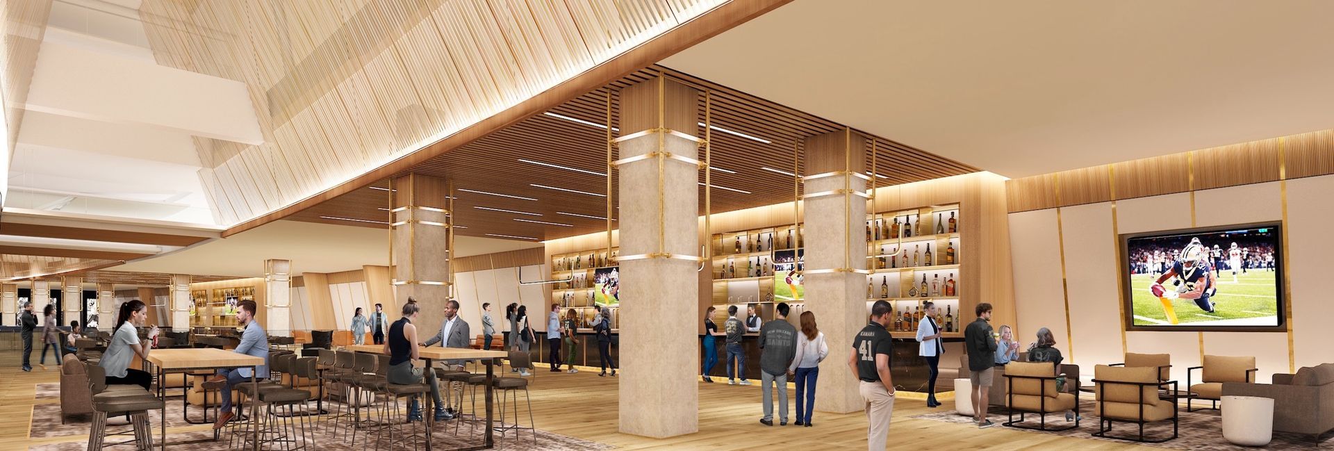 An artist 's impression of the lobby of a hotel.
