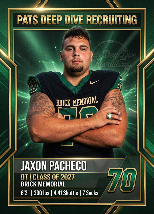 Brick Memorial football player Jaxon Pacheco in green and gold recruiting graphic with stats and class of 2027