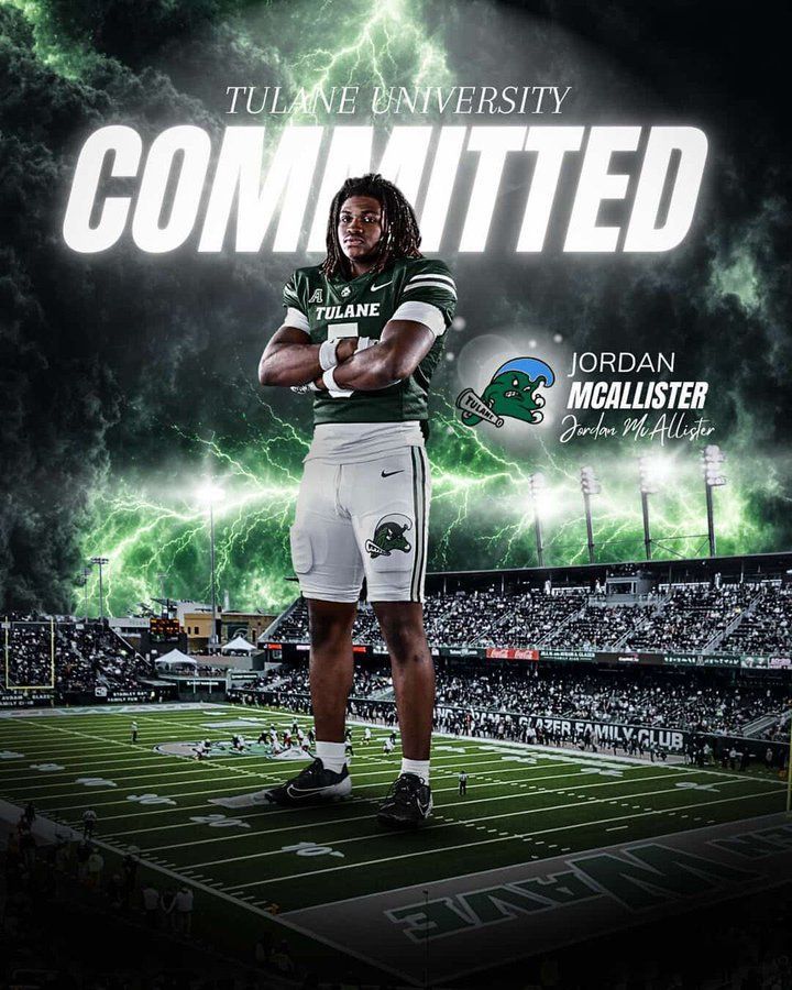 Tulane University football commitment graphic featuring Jordan McAllister on a stadium field in green and white