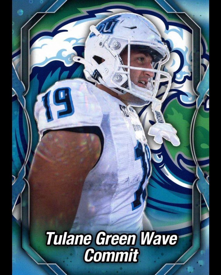 Tulane Green Wave commit graphic showing a football player in white uniform on a blue-green background