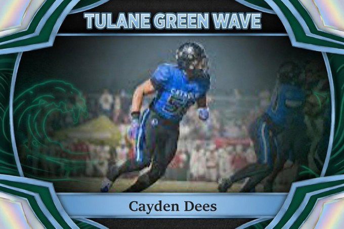 Tulane Green Wave football graphic featuring Cayden Dees in blue uniform running on the field