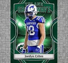 Tulane Green Wave football card for Jordyn Crites in blue uniform and helmet