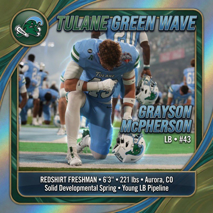 Tulane Green Wave graphic of Grayson McPherson in blue football uniform, kneeling on field with team background