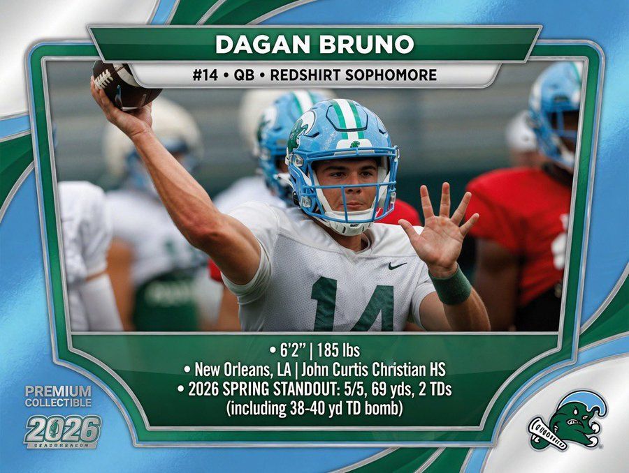 Dagan Bruno football player in teal helmet, number 14, during action pose with name and stats graphic.