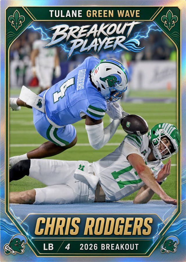 Tulane Green Wave Breakout Player card for Chris Rodgers in green and blue football uniform