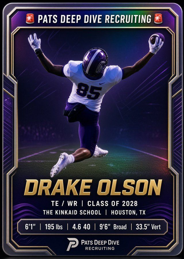 Football recruit graphic for Drake Olson in white and purple uniform, arms raised on a purple background