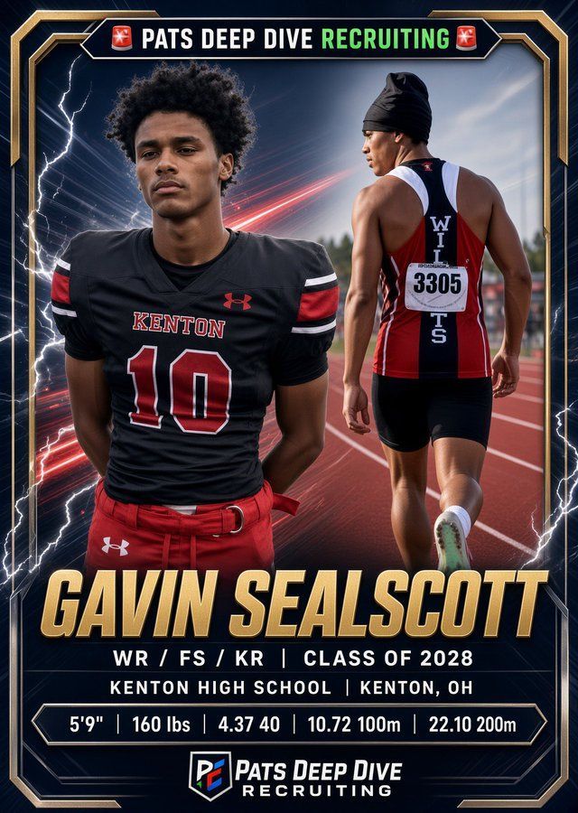 Graphic recruiting card for Gavin Sealscott in black and red football uniform, front and back views.